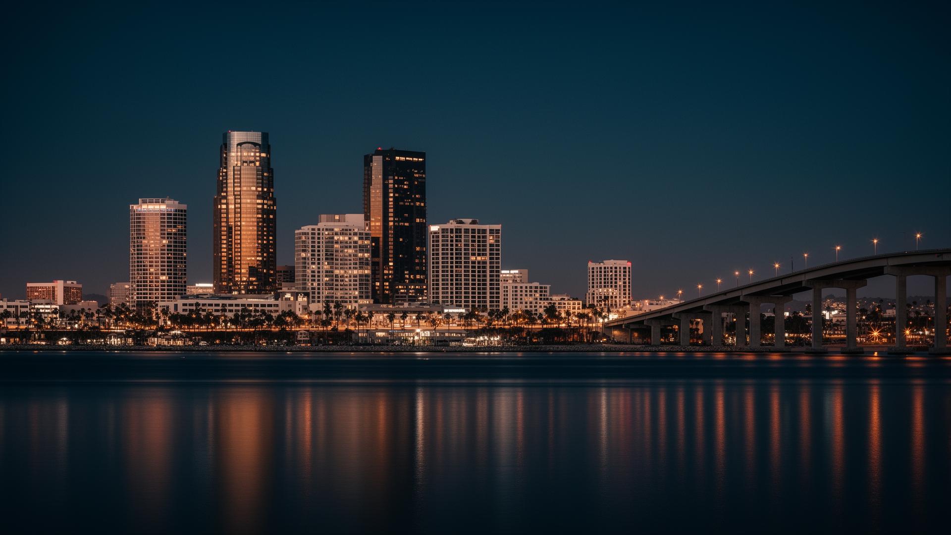 Investigative office overlooking downtown San Diego at night